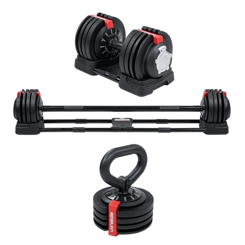 Justerbar manual, vektstang og kettlebell 2,5–24 kg