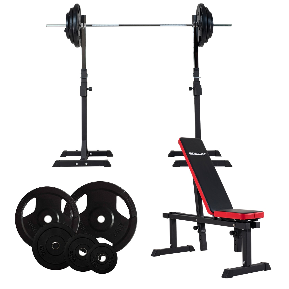 Komplett sett - Benk, squat rack, vektstang og vekter